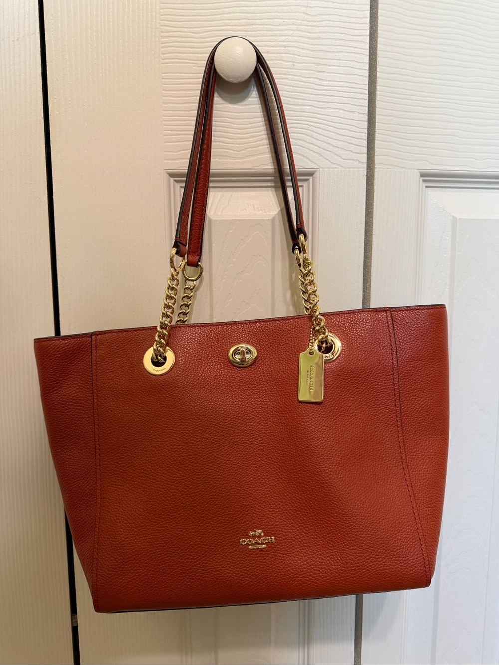 Coach Pebbled Leather Tote in Burnt Orange with Gold Hardware